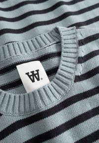 Pull bleu clair avec des rayures horizontales noires et un col rond côtelé, montrant une étiquette de marque blanche à l'intérieur de l'encolure.