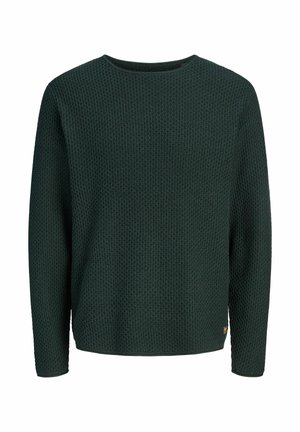 Pull en maille vert foncé à manches longues avec un col rond et un motif texturé, présenté de face sur fond blanc.