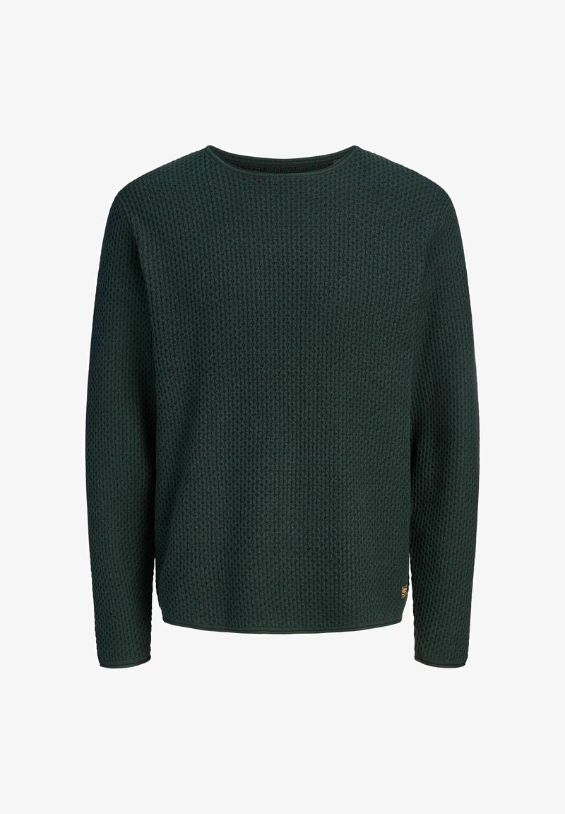 Pull en maille vert foncé à manches longues avec un col rond et un motif texturé, présenté de face sur fond blanc.