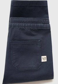 Pantaloni pliati de culoare albastru închis, cu un talie plată, buzunar posterior aplicat și un mic etichetă cu un design cu urs în colț. Textură netedă.