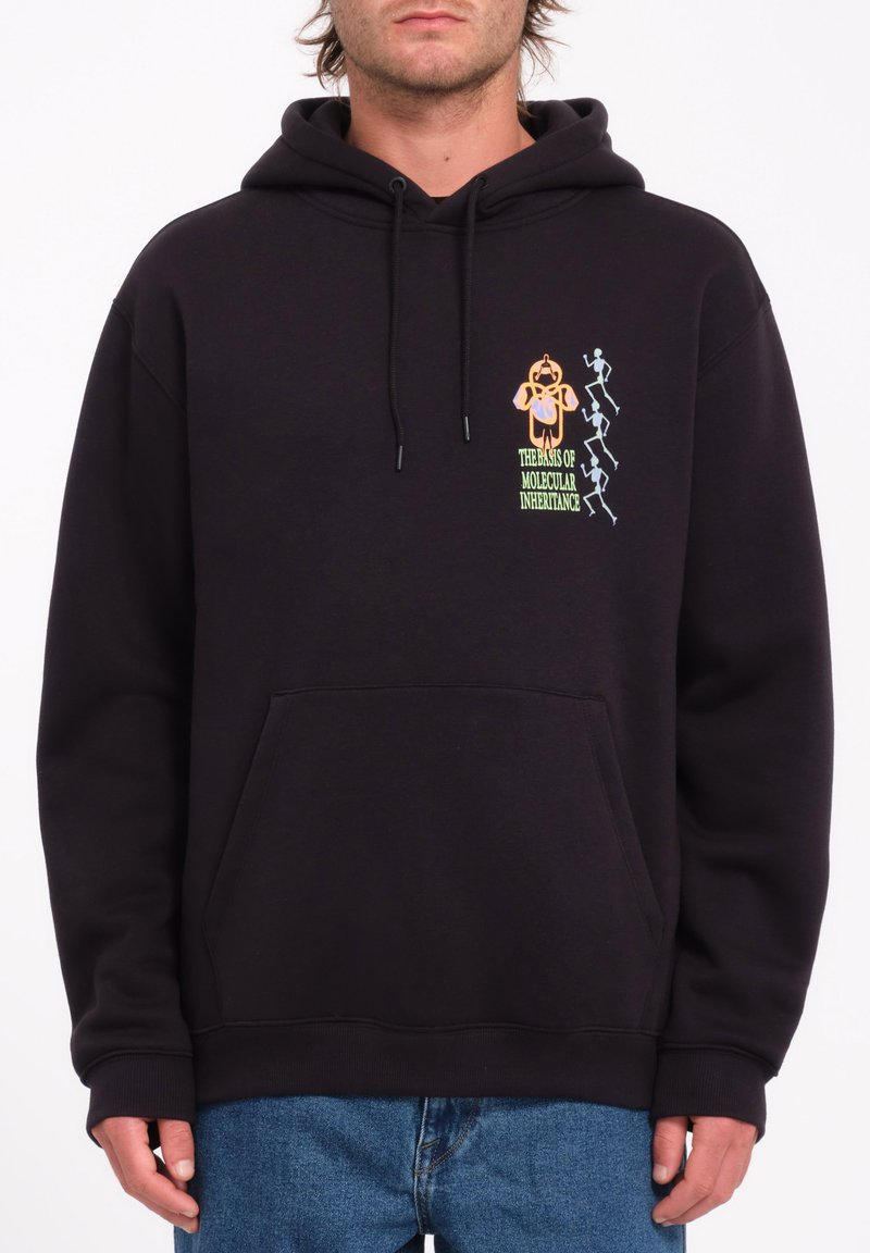 Zwarte hoodie met een buidelzak, voorzien van een kleurrijke grafische print op de borst en een trekkoordcapuchon. Zachte materiaalkwaliteit.