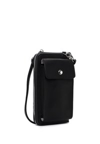 Black leather crossbody phone bag with front snap pocket, zipper closure, and detachable wrist strap, shown against a white background.