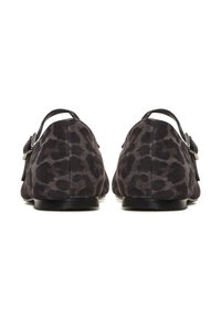 Gray suede flats featuring a leopard print pattern, a rounded toe, a small black heel, and an ankle strap with a buckle detail.