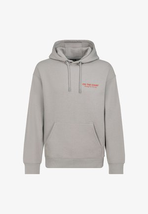 Light gray hooded sweatshirt in soft fabric, featuring a front pocket, ribbed cuffs, and embroidered text in red: "ON THE COURT".
