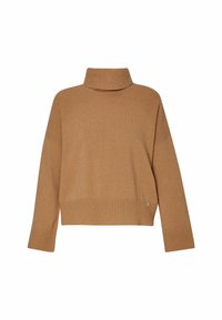 Maglione a maglia marrone con colletto alto, orlo e maniche a costine. Presenta un design testurizzato sulle spalle e un piccolo dettaglio con logo.