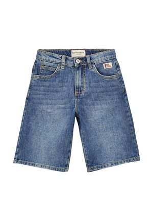 Pantaloncini di jeans blu fino al ginocchio con tasche frontali, passanti per cintura, chiusura con bottone e una piccola etichetta del marchio Roy Roger's in vita.