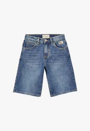 Pantaloncini di jeans blu fino al ginocchio con tasche frontali, passanti per cintura, chiusura con bottone e una piccola etichetta del marchio Roy Roger's in vita.