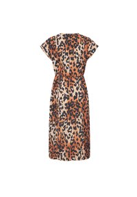 Abito a stampa leopardata con vestibilità comoda, maniche a cappuccio e vita svasata. Il tessuto presenta una miscela di tonalità beige, arancione e nera.