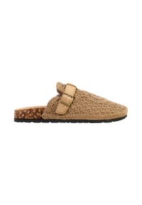 Sabot marron tissé à enfiler avec bride réglable à boucle, semelle intermédiaire en liège et semelle extérieure en caoutchouc noir, vu de côté.