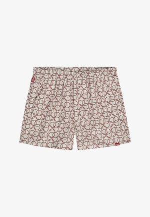 Pantaloni scurți de baie pentru bărbați în crem deschis, cu un model circular roșu, talie elastică și buzunare laterale. Material neted și ușor.