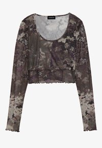 Long-sleeve cropped top in sheer gray fabric with floral patterns. Features a round neckline and scalloped hem. Soft and lightweight texture.