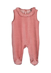 Różowy kombinezon z polaru w białe kropki, z falbaną przy dekolcie, zapięciem na guziki z tyłu oraz stopniowym krojem z akcentami w postaci zwierzęcych twarzy.