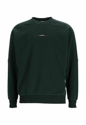 Tmavozelený crewneck sveter s dlhými rukávmi a malým bielym textom "CHASIN'" centrovaným na hrudi, podčiarknutým fialovou farbou.