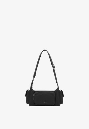 Borsa a spalla in nylon nero con tasca frontale con zip, tracolla regolabile e logo discreto. Presenta un design compatto e rettangolare con tasche laterali.