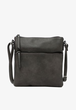 Kleine zwarte leren crossbodytas met twee ritssluitingen en een verstelbare schouderriem.