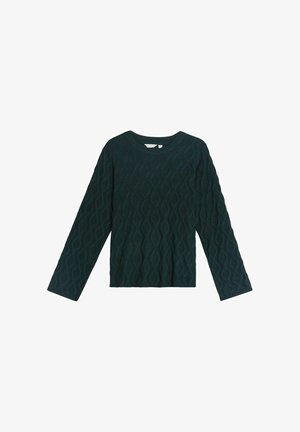 Ciemnozielony sweter dziany z wzorem fal, okrągłym dekoltem i długimi rękawami. Teksturowana tkanina, luźny krój, brak widocznych elementów metalowych.