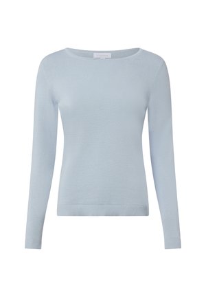 Maglione azzurro a maniche lunghe realizzato in morbido tessuto lavorato a maglia. Presenta una scollatura arrotondata e un orlo a coste per una silhouette aderente.