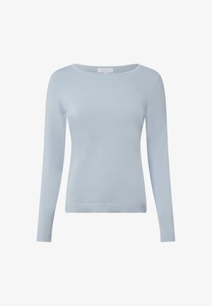 Maglione azzurro a maniche lunghe realizzato in morbido tessuto lavorato a maglia. Presenta una scollatura arrotondata e un orlo a coste per una silhouette aderente.