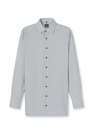 Langärmliges Hemd in Weiß und Marineblau mit geometrischem Muster. Verfügt über eine Knopfleiste, Kragen und blaue Knöpfe. Aus Baumwollmaterial.