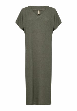 Olive green knitted dress with a V-neck, short sleeves, and a relaxed fit. Smooth texture, knee-length design, and no visible patterns or accents.