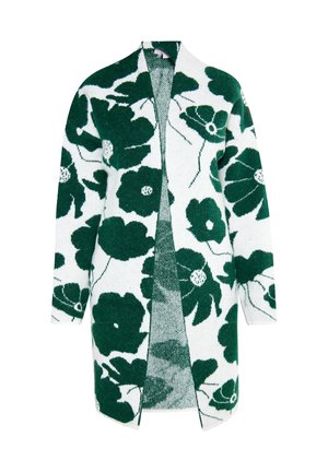 Cardigan med blomstermønster i grøn og hvid, lavet af blødt strikket stof. Åben frontdesign med ærmer til albuen og ingen lukninger.