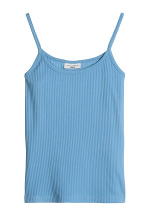 Blaues geripptes ärmelloses Top mit dünnen Trägern und rundem Ausschnitt, Etikett mit der Aufschrift "Marc O'Polo Denim."