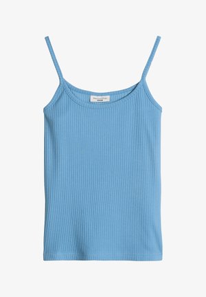 Blaues geripptes ärmelloses Top mit dünnen Trägern und rundem Ausschnitt, Etikett mit der Aufschrift "Marc O'Polo Denim."