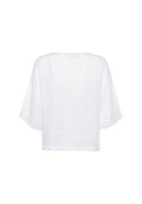 Biała lniana bluzka o luźnym kroju, z krótkimi rękawami i szerokim dekoltem. Tkanina ma delikatną teksturę i prosty, elegancki design.
