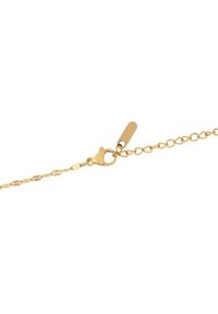 Cadena de oro con eslabones alargados, que presenta un cierre de langosta y una pequeña etiqueta. La textura general es lisa y brillante.