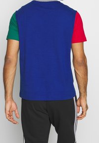 Barevné tričko s krátkým rukávem, modrý zadní díl, červené a zelené rukávy, bavlněný materiál, kulatý výstřih a běžný střih.