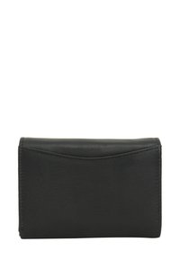 Black leather wallet with a smooth texture and a subtle curved seam at the top. Compact rectangular shape with no visible hardware.
