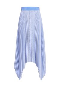 Gonna plissettata azzurro chiaro con strisce bianche verticali, caratterizzata da un orlo asimmetrico e una cintura solida. Realizzata in materiale poliestere leggero.
