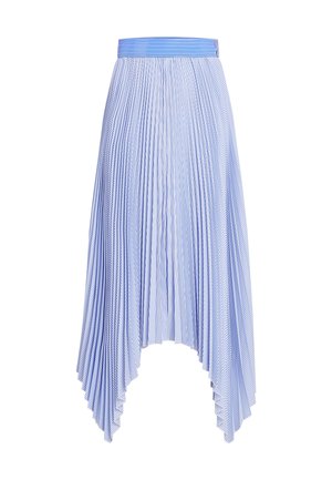 Gaiši zils pleķu svārks ar vertikālām baltām svītrām, ar augstu zemu malu un vienkrāsainu jostu. Viegls poliestera audums.