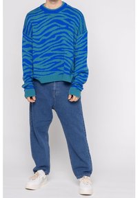 Blå stickad tröja med gröna zebramönster, rund halsringning och ribbade ärmslut, tillsammans med lösa blå denimjeans och vita sneakers.