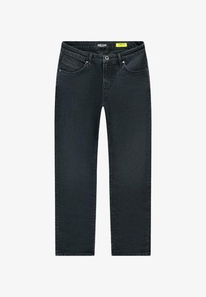 Donkergrijze rechte jeans van denim, met een knoopsluiting, vijf zakken en een gemêleerde stof met subtiele stikdetails.