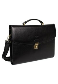 Zwarte leren aktetas met een gladde textuur, klepsluiting, gouden hardware en een afneembare schouderband. Voorzien van een handvat aan de bovenkant voor het dragen.