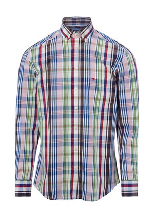 Langärmliges Hemd mit Knopfleiste und mehrfarbigen, vertikalen und horizontalen Karostreifen in Pink, Blau, Grün, Rot und Weiß.