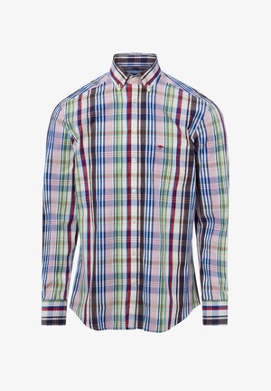 Koszula z długim rękawem na guziki z wielokolorowymi pionowymi i poziomymi paskami w kratę w kolorach różowym, niebieskim, zielonym, czerwonym i białym.