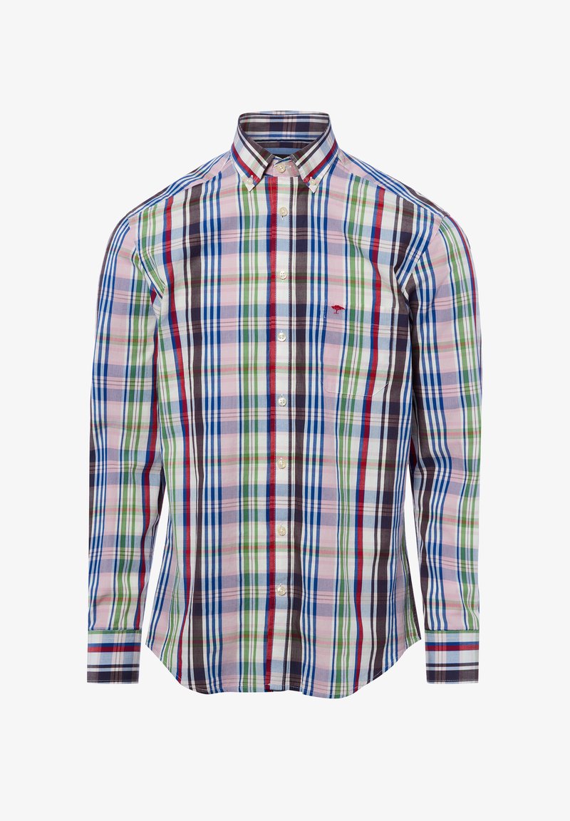 Camicia a maniche lunghe con bottoni, a quadri multicolori con strisce verticali e orizzontali in rosa, blu, verde, rosso e bianco.