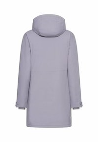 Lichtgrijze, capuchonjack met lange mouwen. Glad, iets glanzend materiaal. Heeft een naad over de rug en knoopsluitingen op de mouwen.