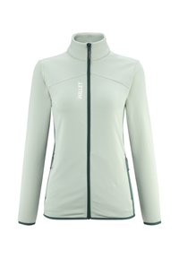 Veste softshell vert clair avec un col haut, fermeture éclair à l'avant et accents et fermetures éclair contrastants en vert foncé, arborant un logo sur la poitrine.