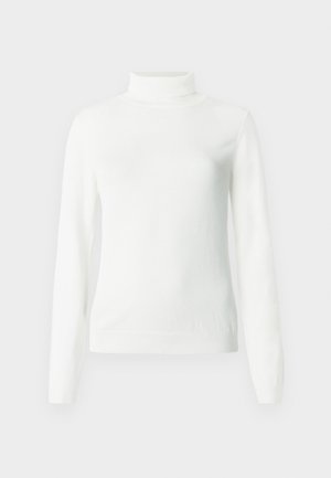 Pull à col roulé blanc en matière douce et légère. Comprend des manches longues, une coupe ajustée et des détails côtelés au niveau du col et de l'ourlet.