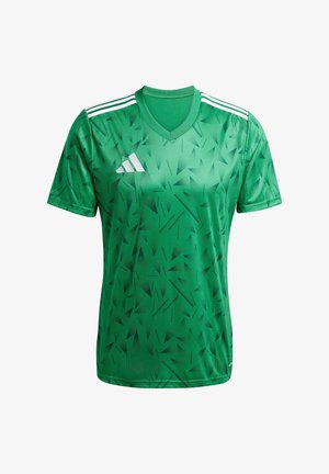 Maillot de sport vert avec un motif géométrique subtil, des bandes blanches sur les épaules et un logo Adidas blanc sur la poitrine droite.