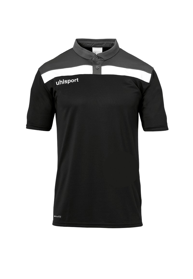 Polo negro de manga corta con cuello gris y franjas blancas. Presenta el logo de uhlsport en la parte superior izquierda. Hecho de una tela suave y ligera.