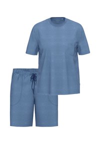 T-shirt da uomo blu a maniche corte con scollo a rotonda e taschino sul petto, abbinato a pantaloni corti con elastico in vita, cordoncino e tasche laterali.