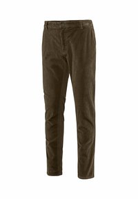 Bruine corduroy broek met een rechte pasvorm, met een knoopsluiting en verticale ribbeltextuur, geschikt voor casual gebruik.