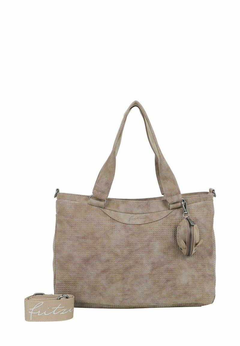 Borsa tote beige realizzata in tessuto testurizzato, dotata di due manici, una tracolla removibile e una piccola pochette con zip di forma rotonda.