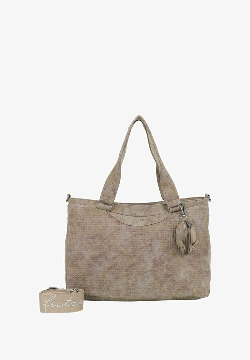 Sac fourre-tout beige en tissu texturé, avec deux poignées, une bandoulière amovible et une petite pochette zippée de forme ronde.