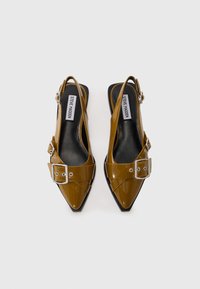 Brown patent leather slingback heels with a pointed toe. Features a large buckle detail and a sleek black sole.