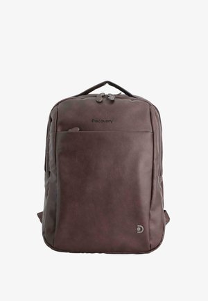 Brown leather backpack with a smooth texture, rectangular shape, two zippers, front pocket, and a logo on the front.
